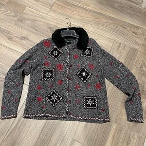 Erika sweater removable, faux, fur covered buttons, black, red and white